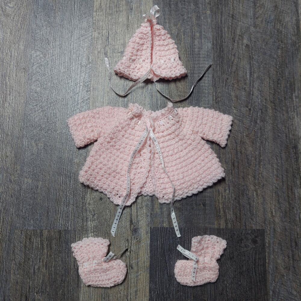 Handmade Pink Crochet Cardigan Bonnet & Booties Set for 0-3 Months Baby